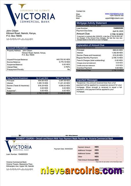 Kenya Victoria Commercial Bank mortgage statement Word and PDF template